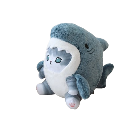 plush cat wearing a shark outfit